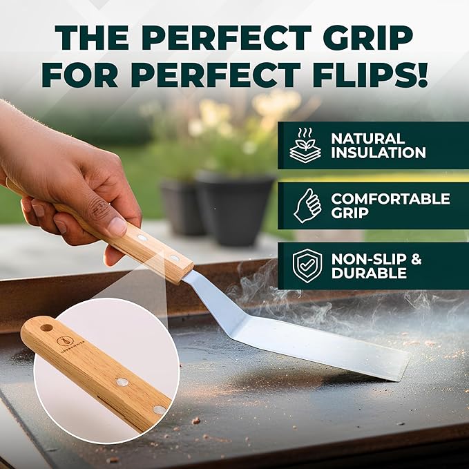 Large Griddle Spatula – Heavy Duty Stainless Steel Grill Spatula - Smash Burger Turner with Heat-Resistant Wooden Handle, Wide Beveled Edge Metal Spatulas for Flat Top, Cast Iron & BBQ