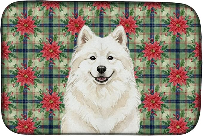 Caroline's Treasures Cream Samoyed Christmas PoinsettIas Dish Drying Mat Absorbent Dish Drying Mat Pad for Kitchen Counter Dish Drainer Mat for Countertop, 14 x 21", Multicolor
