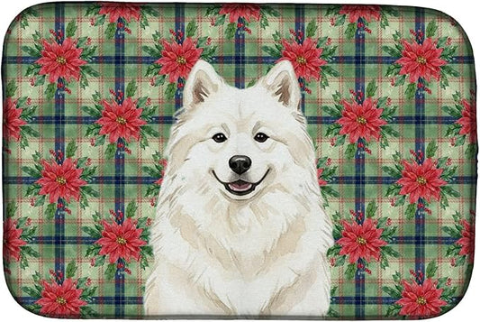 Caroline's Treasures Cream Samoyed Christmas PoinsettIas Dish Drying Mat Absorbent Dish Drying Mat Pad for Kitchen Counter Dish Drainer Mat for Countertop, 14 x 21", Multicolor