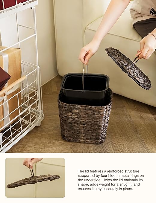 Tidita Wicker Waste Basket - Wicker Trash Can with Lid - Water Hyacinth Bathroom Garbage Can with a Lid - Bathroom Trash Can Boho Style - Removable Liner, Iron Frame (Black, 1.5 Gallons)