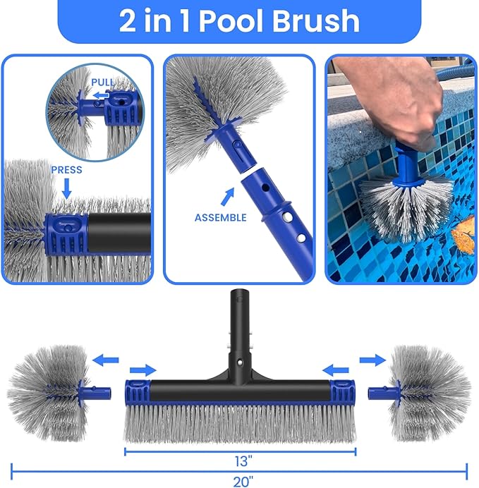 Poolvio Deluxe Swimming Pool Cleaning Kit Including Skimmer Net, 2-in-1 Pool Brush & Weighted Vacuum Head with Wheels for Above Ground & Inground Pools (No Pole)