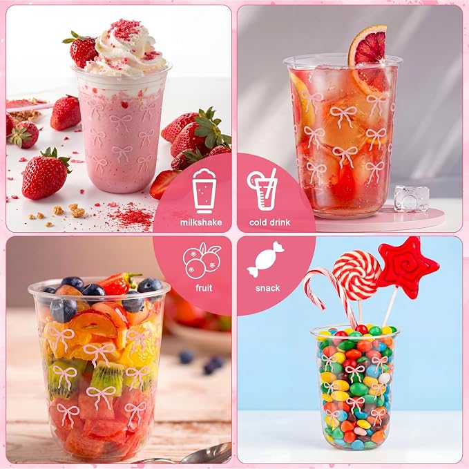 Ziliny 50 Pcs 16oz Pink Wavy Bow Cups Birthday Party Decorations Supplies Disposable Plastic Cups for Bachelorette Party Valentines Galentines Day Christmas Wedding Baby Shower