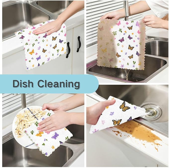 Pretty Butterfly Flower Kitchen Towels Dish Cloths Set of 6 Microfiber Cleaning Cloths for Cars Super Absorbent Machine