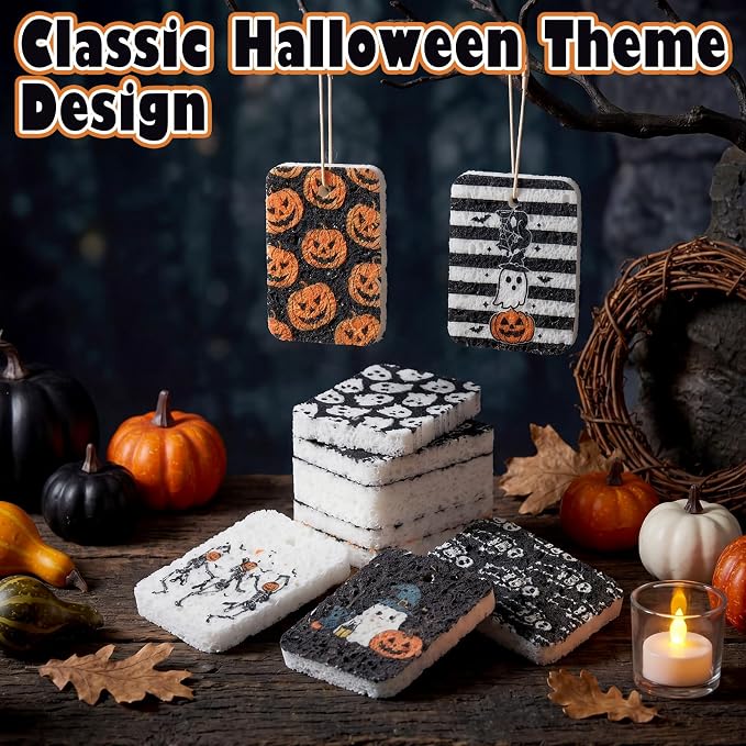 Hahafelt 36 Pack Halloween Compressed Cellulose Sponges Bulk Pop up Ghost Pumpkin Skull Kitchen Sponges Natural Kitchen Compostable Non Scratch Dish Tools for Washing Dishes Cleaning Countertop Sink
