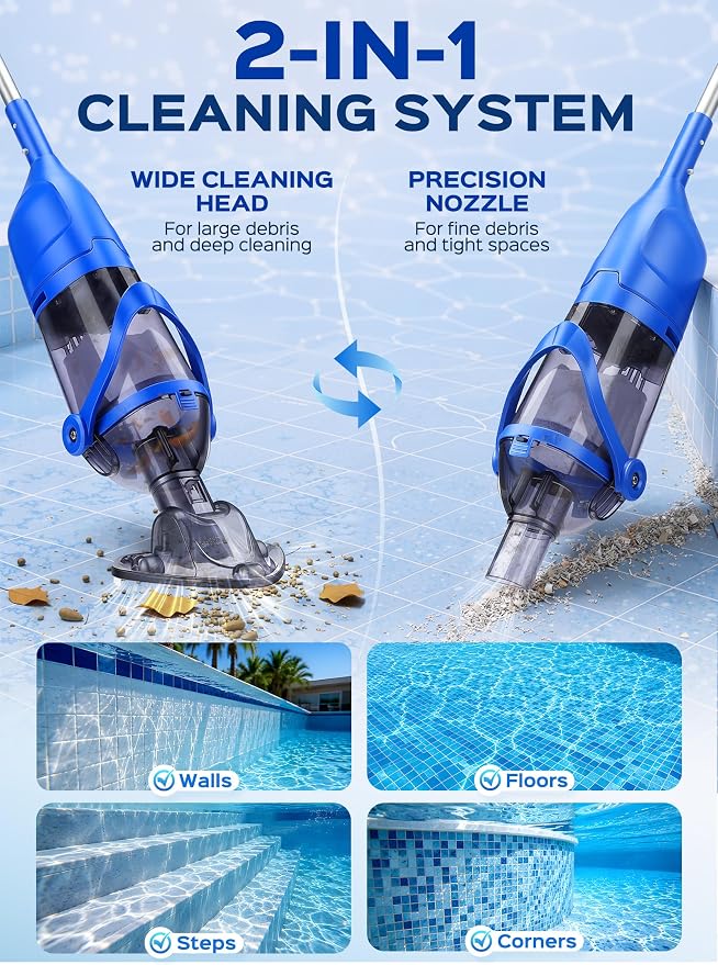 Cordless Handheld Pool Vacuum for Above Ground Pool, Rechargeable Small Pool Vacuum with Telescopic Pole, 60 Min Runtime, 14.1 GPM Suction, for Hot Tub, Spa & Small Pools, Blue