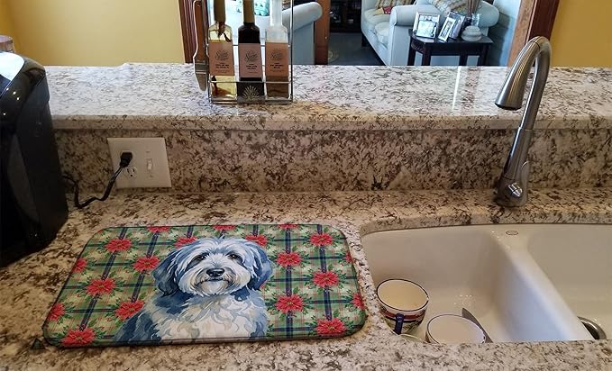 Caroline's Treasures Blue and White Old English Sheepdog Christmas PoinsettIas Dish Drying Mat Absorbent Dish Drying Mat Pad for Kitchen Counter Dish Drainer Mat for Countertop, 14 x 21", Multicolor
