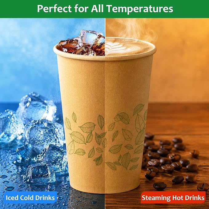 12 oz 100 Count Compostable Paper Cups, Plant-Based Disposable Coffee Cups with PLA Lining, Perfect for Hot & Cold Drinks, Coffee, Party, Office & Daily Use