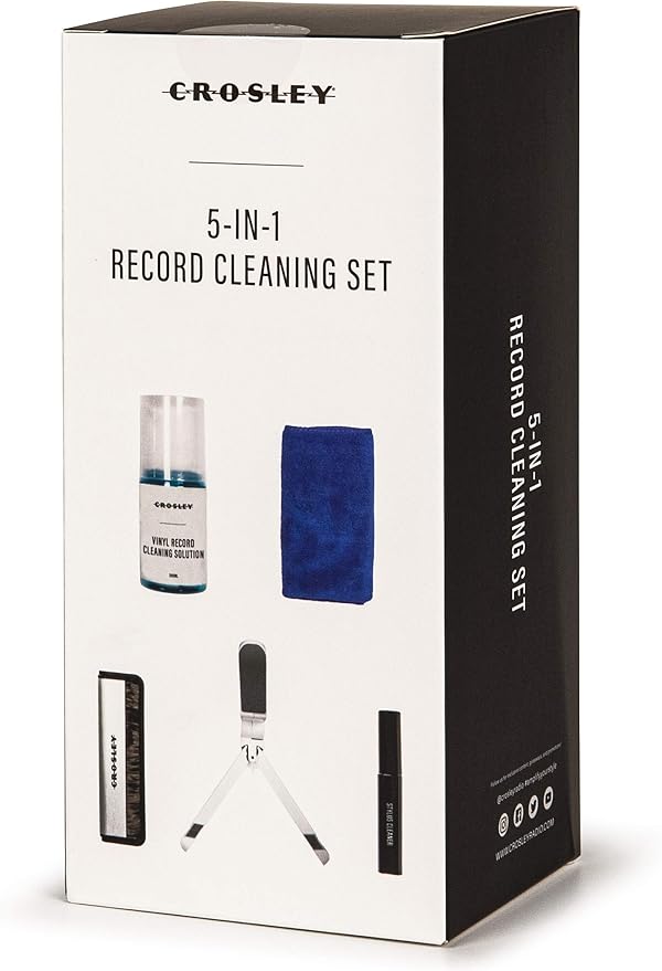 Crosley AC1024A 5-in-1 Record Cleaning Kit with Carbon Fiber Brush, Microfiber Cloth, Stylus Cleaner, Cleaning Solution, and Record Stand