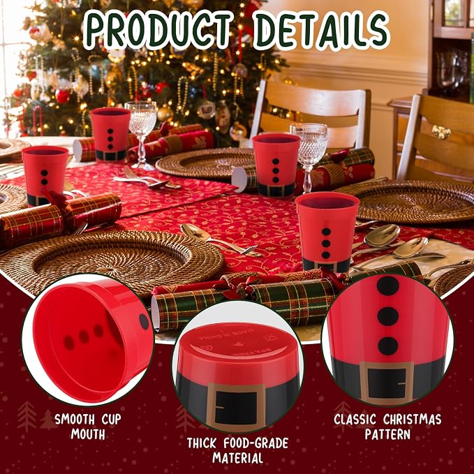 Uiifan 50 Pack Christmas Cups Santa Plastic Cups for Party 12 oz Reusable Stadium Beverage Drinking Tumblers Santa's Belt Plastic Hard for Holiday Festive Party Supplies Decorations(Red)