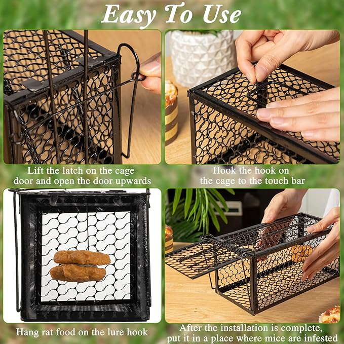 Qualirey 2 Pcs Humane Rat Trap Chipmunk Rodent Mouse Squirrel Trap 9.1 x 4.5 x 4.5 Inches Live Animal Mouse Voles Hamsters Live Cage Rat Cage for Mice Easy to Catch and Release (Black)