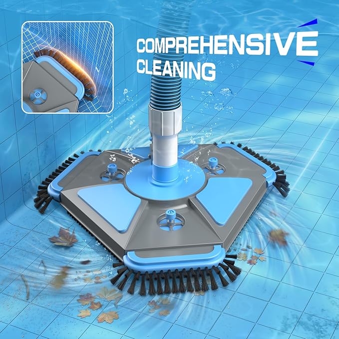 UIRWAY 3-in-1 Deluxe Swimming Pool Cleaning Kit - Includes Upgrade Heavy Duty Triangular Pool Vacuum Head, Detachable Brush, Deep Leaf Skimmer Net Inground & Above Ground Pools Cleaning(No Pole)
