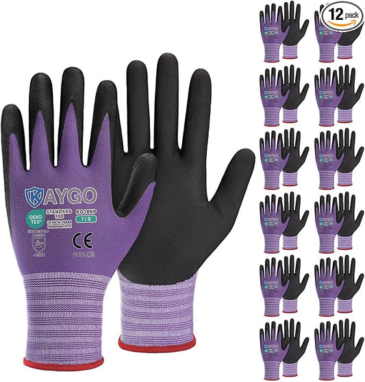 KAYGO Safety Work Gloves MicroFoam Nitrile Coated, 12 Pairs KG18NB,Seamless Knit Nylon Glove for Men and Women, Ideal for Automotive,Warehouse,Construction (S, Purple)