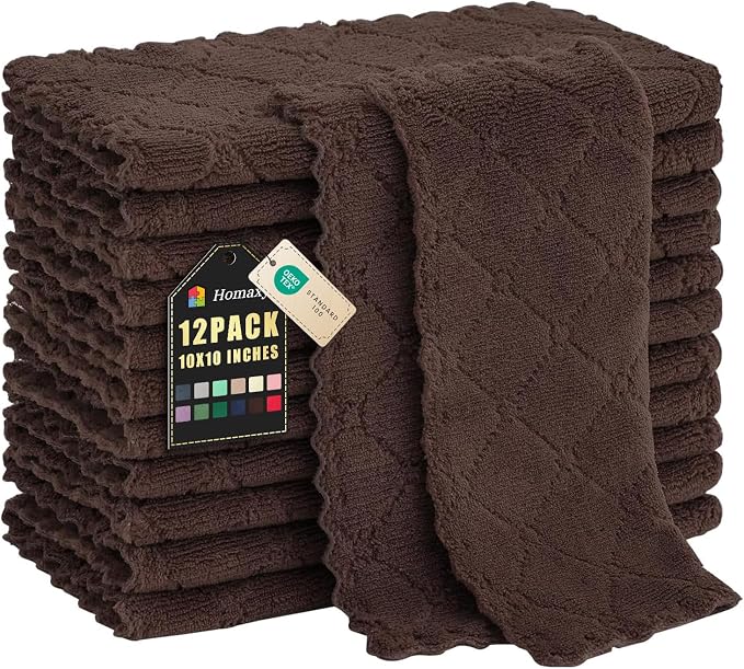 Homaxy 12 Pack Kitchen Dish Cloths (10 x 10 Inches, Brown), Super Soft and Absorbent Coral Velvet Dish Towels, Nonstick Oil Fast Drying Microfiber Cleaning Cloth, No Lint Household Dishcloths