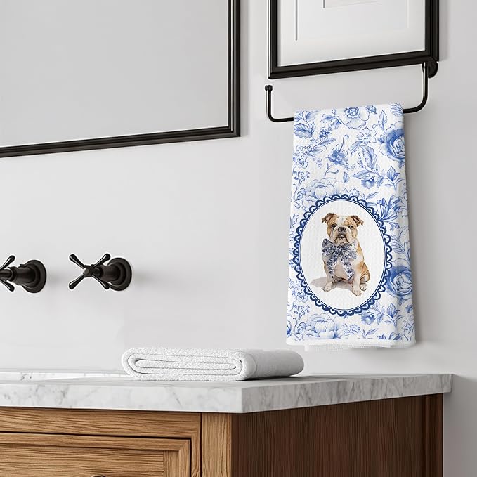 Chinoiserie French Bulldog Kitchen Towels, Blue and White Floral French Bulldog Gifts for Women Dish Tea Towels,Grandmillennial Botanical Dog Hand Towels for Kitchen Bathroom, 16x24 Inch
