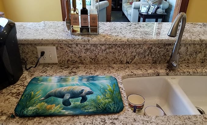 Caroline's Treasures Manatee in a Seagrass Bed Dish Drying Mat Absorbent Dish Drying Mat Pad for Kitchen Counter Dish Drainer Mat for Countertop, 14 x 21", Multicolor