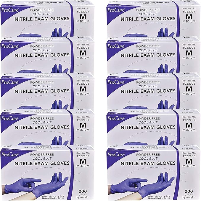 ProCure Disposable Nitrile Gloves - Medium, 2,000 Count Case - Powder Free, Rubber Latex Free, Medical Exam Grade, Non Sterile, Ambidextrous - Soft with Textured Tips - Cool Blue