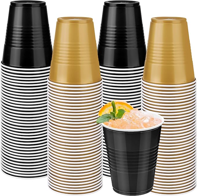 Kochorie 100 Pack Black Gold Disposable Plastic Cups 12 Ounce Drinking Party Cups Bulk Party Cups for Wedding Birthday Graduation Christmas Parties, Picnics Events