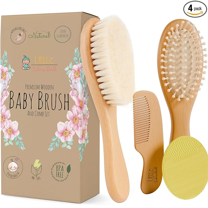Baby Hair Brush and Comb Set for Newborn Wooden 4 Piece Soft Goat Hair Bristles, and Comb Set for Newborn Girl Boy and Toddler Soft Cradle Cap New Born Infant Hair Brushes Perfect Baby Registry Gift