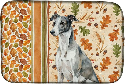 Caroline's Treasures Black and White Greyhound Heirloom Fall Dish Drying Mat Absorbent Dish Drying Mat Pad for Kitchen Counter Dish Drainer Mat for Countertop, 14 x 21", Multicolor
