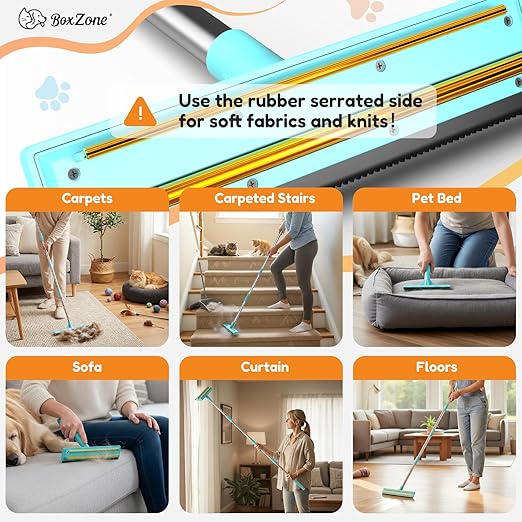 3-in-1 Carpet Rake for Pet Hair Removal, Upgraded Rug Scraper with 61" Thickened Handle & 10" Handheld Grip, Dual-Metal Edge Dog Hair Remover for Carpet, Couch, Furniture & Car