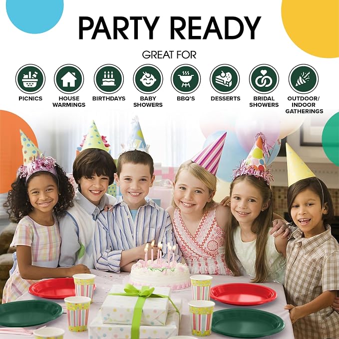 Exquisite Party Solids Green & Red Plates Disposable Green & Red Plastic Plates 100 Pieces - 50-7" & 50-9" Heavy Duty 350 GSM Disposable Dinnerware Sets, Plastic Dinnerware Sets