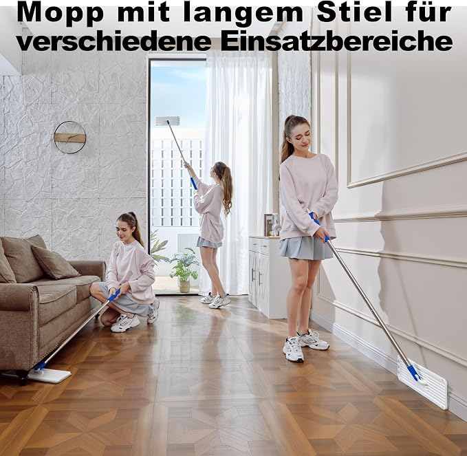 Mop and Bucket Set, 60" Long Handle Mops for Floor Cleaning, Squeeze Flat Mop and Bucket System, Dry & Wet Dust Mops for Household Floor Cleaning with 3 Microfiber Mops, Slate Blue