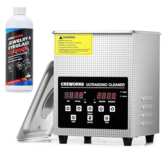 CREWORKS 2L Digital Ultrasonic Cleaner with Degas & Gentle Modes, and 17 fl oz Jewelry Cleaner Solution