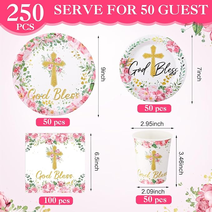 Pickmesh 250 Pcs Pink Baptism Cross Disposable Tableware Set Confirmation Baptism Disposable Paper Plates Napkins Cups for First Holy Communion Christening Baby Shower Girl Religious Supplies Serve 50