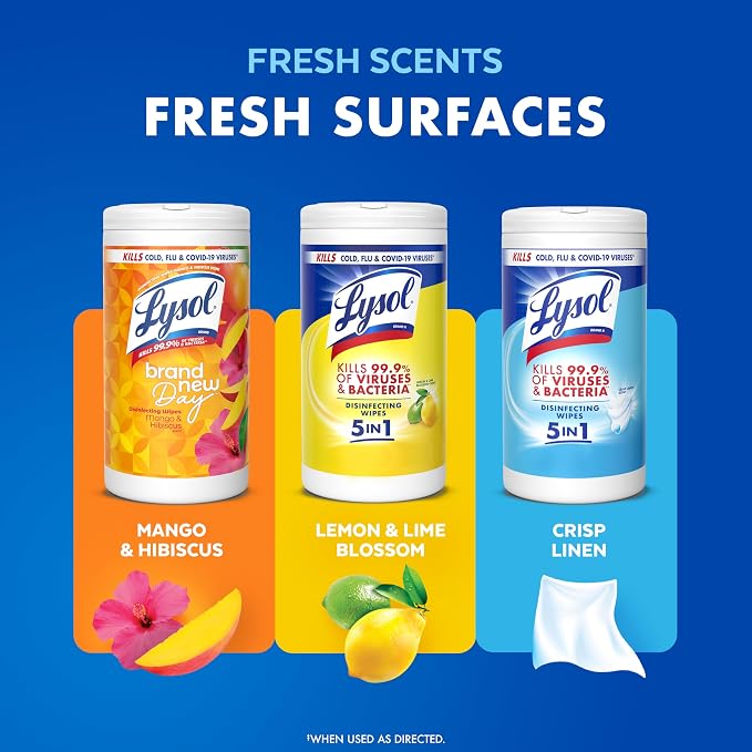 LYSOL Disinfecting Wipes, All Purpose Cleaner, Multi-Surface Antibacterial Cleaning Wipes, Household Cleaning Supplies, Dorm Essentials, Crisp Linen Scent, 80 ct.