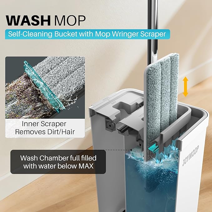 JOYMOOP Hands-Free Self-Cleaning Microfiber Mop and Bucket Set for Home & Commercial Use, Mops for Floor Cleaning and Wall Cleaner, Hardwood, Tile, Laminate, Vinyl Floors, Smooth Walls, Glass Windows