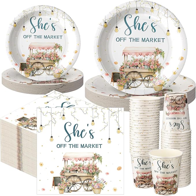 Zhehao 200 Pcs She's off the Market Bridal Shower Plates Napkins Sets Bridal Shower Decoration Wedding Decorations Wedding Paper Plates Engagement Bachelorette Supplies, Serve 50