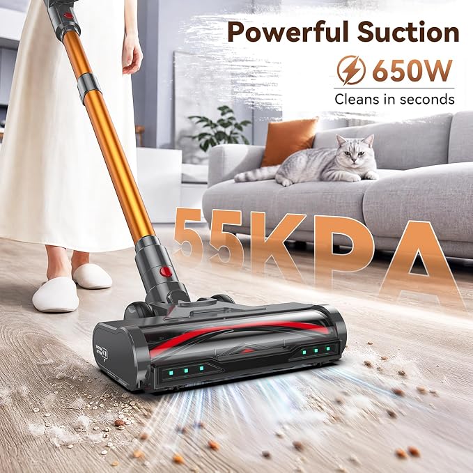 TechRise Cordless Vacuum Cleaner,55Kpa 650W 70-Min Stick Vacuum with LED Display,Anti-Tangle Brush & 8-in-1 Filter,Handheld Convertible,Multiple Charging,Vacuum Cleaners for Home/Pet Hair/Carpet/Floor