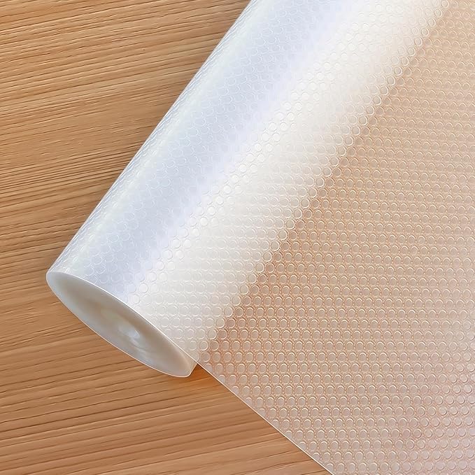 Hersvin Shelf Liners Drawer Liner for Kitchen Cabinets Non-Adhesive Non Slip, Refrigerator Mats for Shelves, EVA Plastic Cupboard Protector, Waterproof Lining (Clear Flat Dot, 10 in x 20 ft)