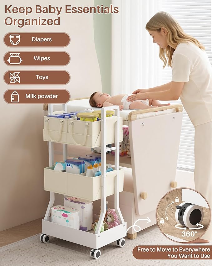 2In1 Baby Diaper Caddy Organizer Cart- Rolling Diaper Cart with Detachable Dividers-Baby Essentials Nursery Storage, for Crib, Bedroom,Kitchen, Bathroom(Off White)
