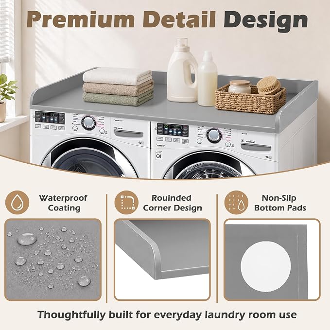 Royxen Washer Dryer Countertop with Solid Wood Core,54“W x 27.5D Laundry Countertop with Edge Rails,Washer and Dryer Topper for Laundry Room Organization (Grey)