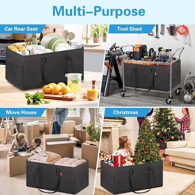LHZK 2 Pack Extra Large Utility Tote Bag with Metal Wire Frame and the Sides Rinforced, Extra Large Tote Bag with Handle, Reusable Grocery Bags Foldable, Beach Bag, Car Tote (Black, 26''x15''x13'')
