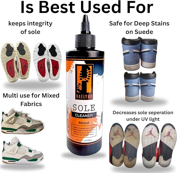No Burn Shoe and Sole Cleaner| Organic Sneaker Cleaner & Sole Whitener for Sneakers | White Shoe Sole Cleaner & Sneaker Stain Remover | Safe on Mesh, Suede & Leather | 8oz Bottle