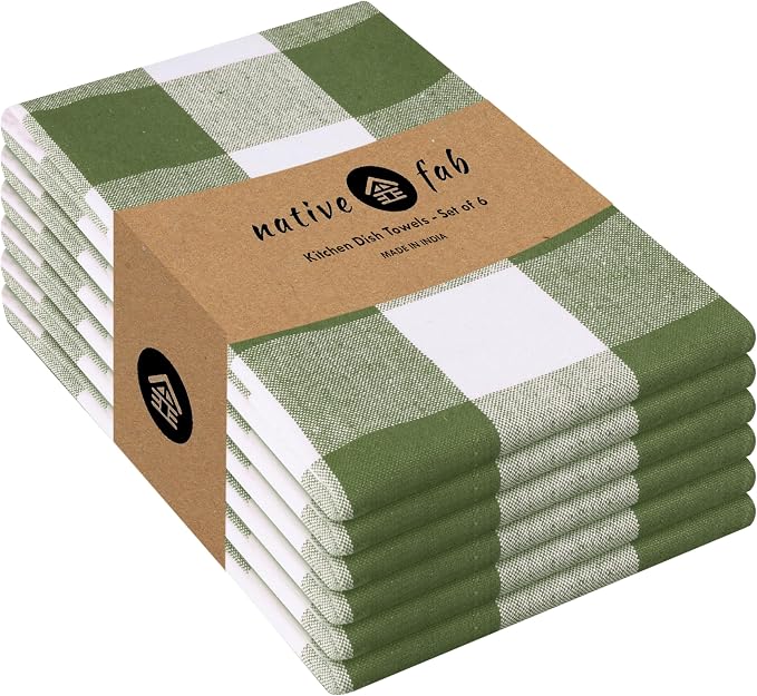 Native Fab Buffalo Check Kitchen Dish Towels, 16"x26", 6 Pack - 100% Cotton Plaid Washcloths - Absorbent Dish Cloths Set, Cleaning Hand Towels with Hanging Loop - Mint Green White