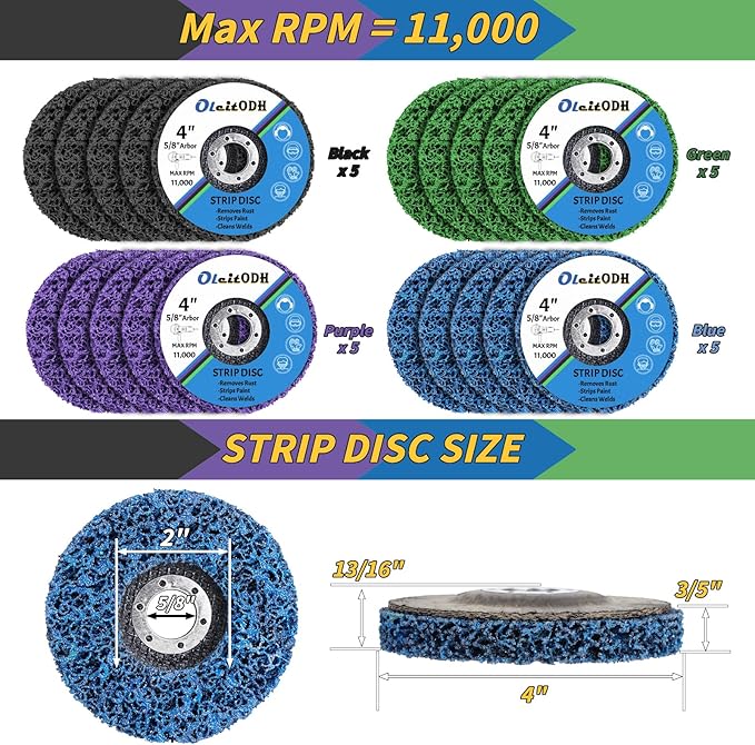 20 Pcs 4" x 5/8" Strip Discs Bulk, Paint Stripping and Rust Removal Wheels for Angle Grinders, Abrasive Grinding Discs for Metal, Wood, and Fiberglass, Blue+ Purple+ Green+ Black