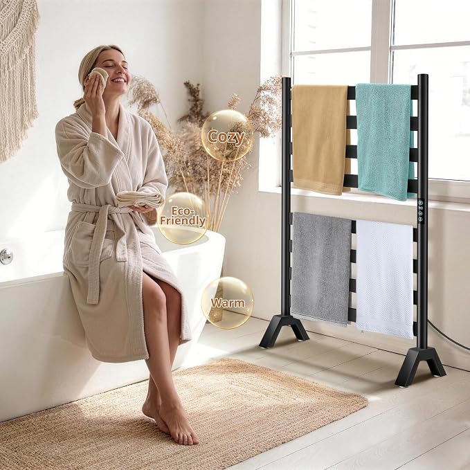 R FLORY Heated Towel Racks for Bathroom Freestanding & Wall Mounted, WiFi-Enable Electric Towel Warmer Rack, Extra-Wide Heating Area Fast Heating with Timer & Temperature Control, 8 Bars, Matte Black