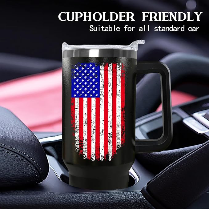 Ceovfoi American Flag Tumbler with Handle,40 oz Dad Vacuum Insulated Stainless Steel Travel Tumblers,Patriotic Military Gifts For Veterans, Police, Fathers Day, 4th of July