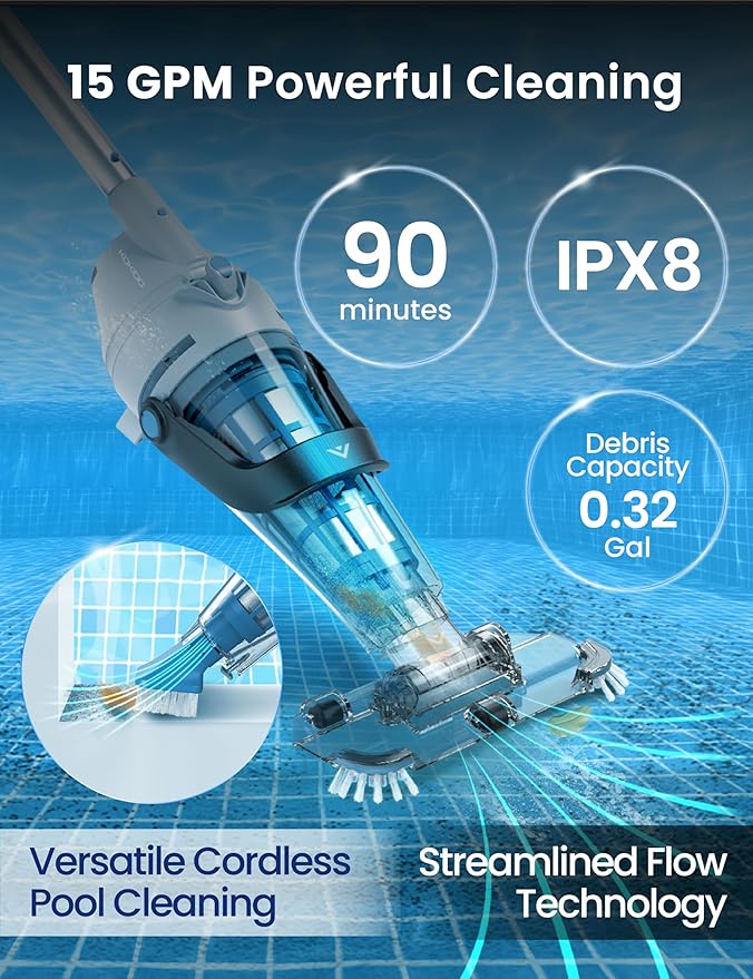 KOKIDO 2026 Rechargeable Cordless Pool Vacuum for Above Ground Pool, Stainless Steel Filter, 15GPM Flow Rate, 90mins, Dual Filters, 2 Vac Heads, Handheld Pool Cleaner Spot Clean Inground Pools, XV510