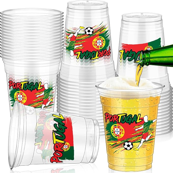 Jingmore 50 Pcs Soccer Plastic Cups 12 oz International Countries Soccer Disposable Plastic Cups Thick Clear Drinkware for Sports Games Party Supplies (Portugal)