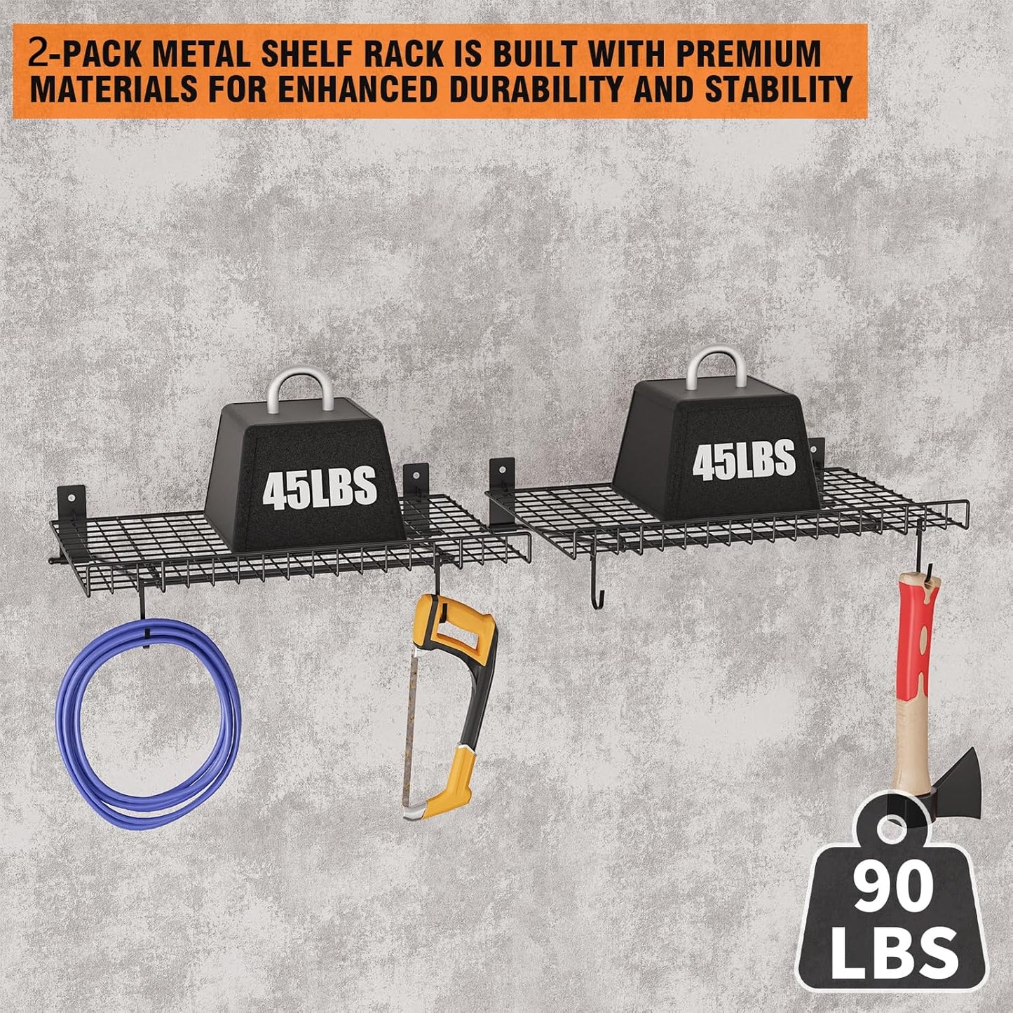 2 Pack Foldable Wall Shelf, Wall Mounted Garage Storage Shelves, Heavy Duty Wall Shelving Supports Up To 90 LBS. Floating Shelves With 4 Hooks Metal Storage Rack for Office, Kitchen and Laundry Room