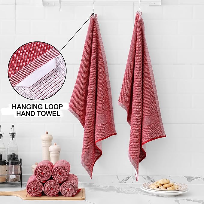 Homaxy Premium Kitchen Towels(18”x 28”, 3 Pack), Large Cotton Kitchen Hand Towels, Flat and Terry Dish Towels, 380 GSM Highly Absorbent Tea Towel Set with Hanging Loop, Red