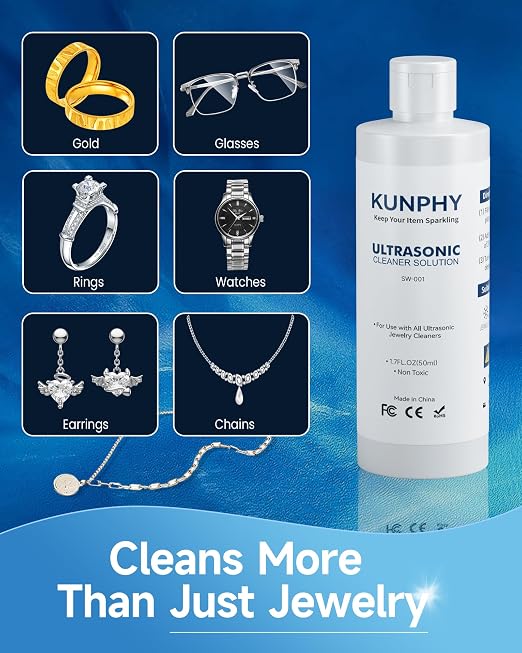 kunphy Jewelry Cleaner Solution -Ultrasonic Cleaner Solution for Gold, Silver, Platinum Diamonds and Non-Porous Precious & Semi-Precious Jewelry 1.7 oz(50ml)