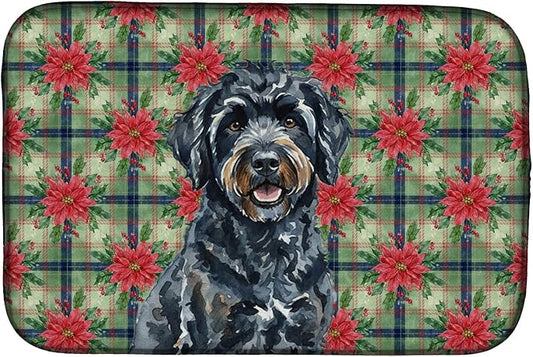 Caroline's Treasures Black Portuguese Water Dog Christmas PoinsettIas Dish Drying Mat Absorbent Dish Drying Mat Pad for Kitchen Counter Dish Drainer Mat for Countertop, 14 x 21", Multicolor