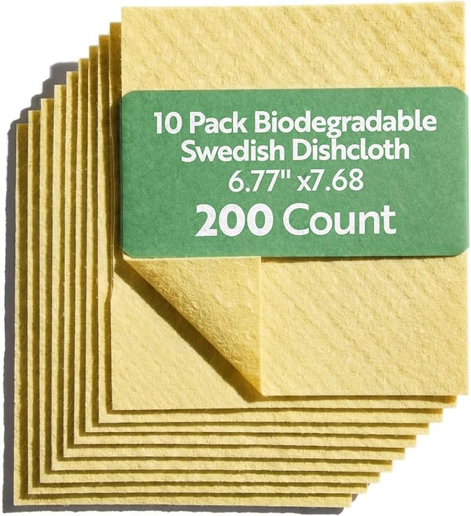 Restaurantware Swedish Dishcloths Pack of 200 Cellulose Reusable Absorbent Yellow Kitchen Towels, Washable Quick-Dry Dish Towels, Sustainable Cleaning Cloths Super-Absorbent Biodegradable Odorless