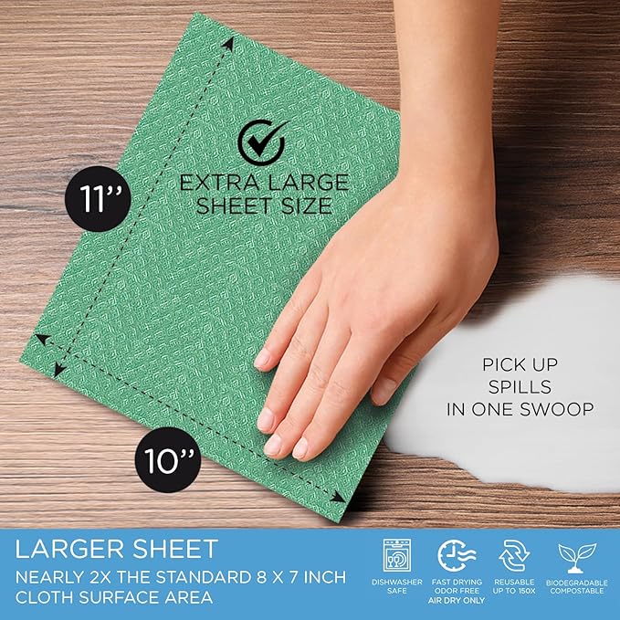 Swedish Dishcloths for Kitchen XL, 24 2x12 Sheet Rolls, Biodegradable, Compostable, Reusable Paper Towel Cleaning Cloths, 11" x 10" No Odor Washing Dishes, Ultra Absorbent Cellulose Sponge Towel, LOLA