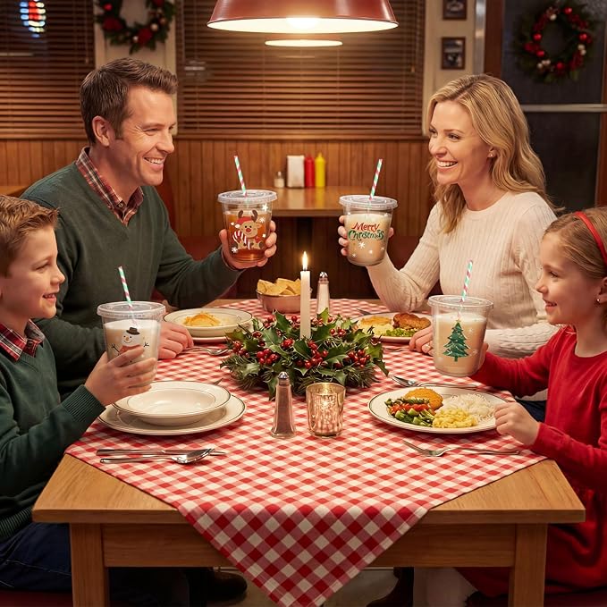 12oz Christmas Disposable Plastic Cups with Lids and Straws-Xmas Tree Santa Reindeer Snow Cold Drinks, Coffee, Beer, Drinks, Ice Cream, Drinking Cups for Party Supplies. (100)